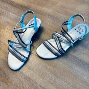 Impo Shoes Stretch Metallic Silver Strappy Low Wedge Sandal, 6.5 Women’s